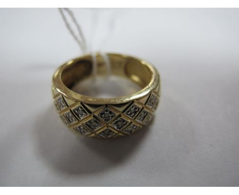 A Wide Band Ring, with inset highlights, stamped "585".