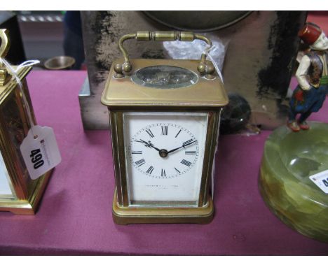 Jenner of London Brass Cased Carriage Clock with black Roman numerals to white enamel dial (with faults).