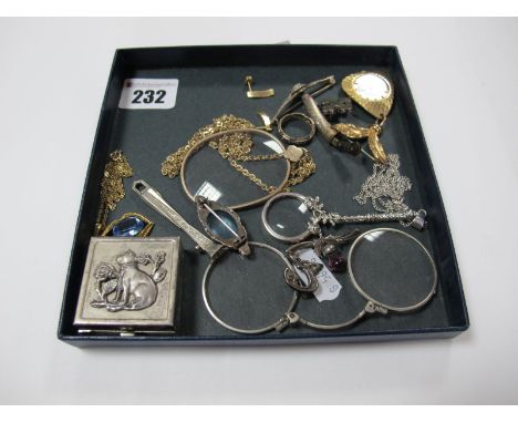 Mini Magnifying Glass, with decorative handle, stamped "925", pair of lorgnettes, marcasite set brooch, pendant on chain, rin