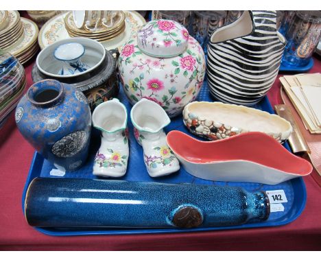 'Dek' 'Zebra' Pottery Vase, Old Foley ginger jar and boot posies, Poole and Sylvac posies, early XX Century vase, art pottery