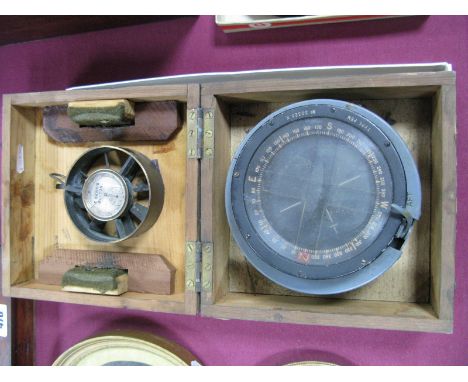 A Mid XX Century Boat Compass, Type P8M No.30325K in wooden case plus a brass wind speed meter stamped G Dennis, Bolton. 