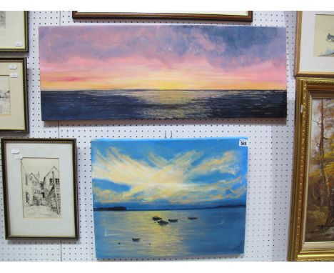 Betty Wood, 'Poole Harbour', gouache, signed lower right, 39.5 x 50cms; 'Evening Tranquility' 30 x 81cms, details verso. (2)