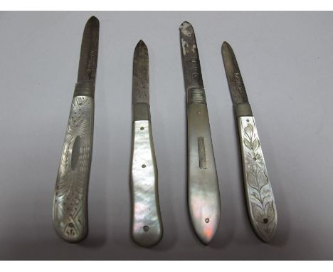 Fruit Knives, with hallmarked silver blades, mother of pearl scales.