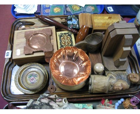 Wooden Trinket Boxes, gavel, pin dishes, Art Deco style book ends, carved figure, hammered copperwares etc-all on a circa 193