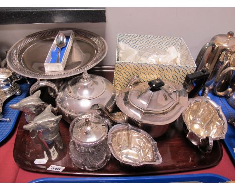 An EPNS Three Piece Tea Service, pedestal dish with pierced border, preserve pot with hallmarked silver lid, pair of pewter f
