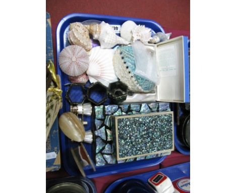 Abalone Seashells, napkin rings, cased coffee spoons, onyx egg, letter holder, seashells, abalone trinket boxes etc:- One Tra
