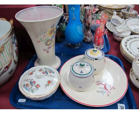 Poole Eartenware Pottery, trumpet shaped vase decorated with floral sprigs, Poole jars similarly decorated, Crown Devon plate