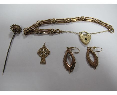 A Gate Link Style Bracelet, to heart shape padlock clasp, stamped "375"; together with a stickpin, a pair of Victorian style 
