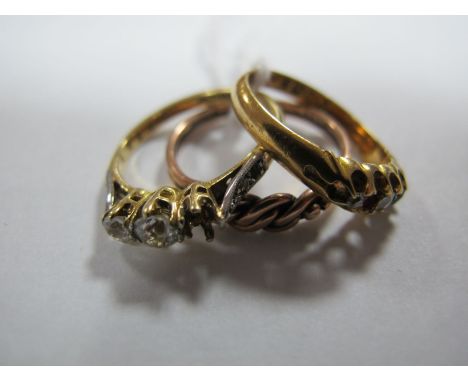 A Three Stone Ring, (one missing) claw set; together with another ring (stones missing) and another ring. (3) 