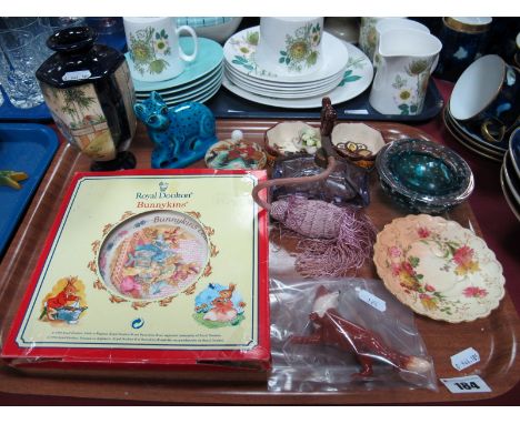 A Beswick Model of a Fox, Royal Worcester saucer, turquoise cat, Bunnykins plate, glass perfume bottle, Quimper, etc:- One Tr