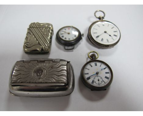 Silver Cased Ladies Fob Watch, two gun metal examples, plated Vesta case, snuff box.