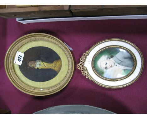 Mid XX Century Miniature, of a gentleman in XVIII Century classical dress together with one other oval portrait of a gentlema