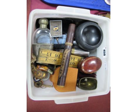 Spectacles, J. Rabone & Sons folding ruler, leather trinket pot, enamel badges, T. Walker tuning fork, etc:- One Box