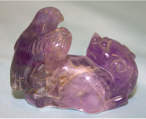 Antique Chinese Carved Amethyst Si Si Dog With An eagle Perched On His back, Length 2.5 Inches, Height 2 Inches