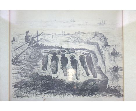 Unusual Lithograph Print Of Ancient Stone Coffins Cut In The Solid Rock, Heysham, Lancashire. Sketched By The Rev J.F Lees, P