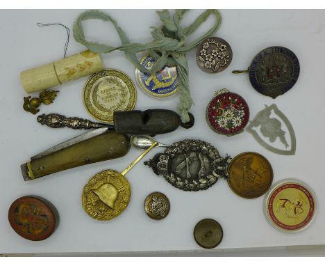A pocket knife, silver handled button hook, pill boxes, etc.