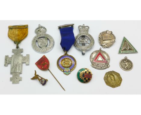 A silver dominoes badge, a silver and enamel Notts Builders' Foreman's Association medal, etc.