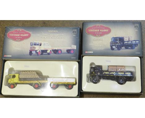 Two Corgi Vintage Glory of Steam, Sentinel Platform Wagon with trailer and sacks and Super Sentinel Steam Wagon with crates, 