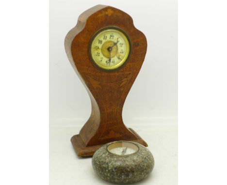 A paperweight compass and an inlaid oak cased clock, clock 20cm