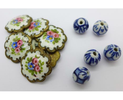 A set of six early 19th Century enamel buttons and six beads
