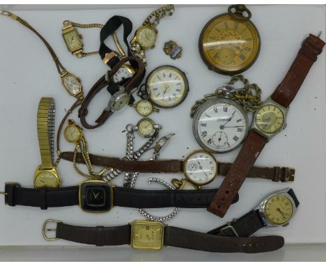 Pocket watches including a silver fob watch, a lady's 14ct gold and a 9ct gold wristwatch, Elgin trench watch, a/f, Michel He