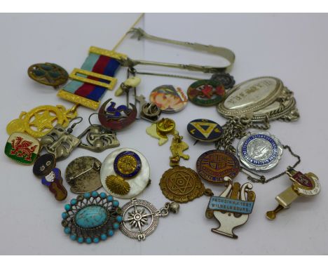 A Masonic medallion, enamel badges, a Blue John brooch, a/f, other brooches, etc.
