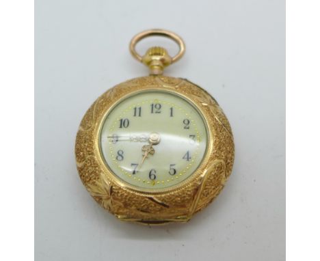 A 14ct gold fob watch, with enamel back, some enamel a/f