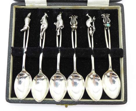 Australian silver teaspoons with native Australian animal finials, one set with opal