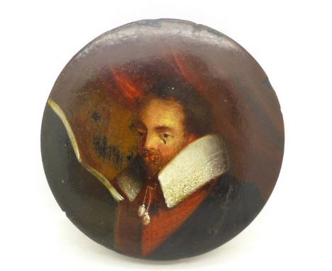 A circular box with portrait to the lid, a/f, diameter 104mm