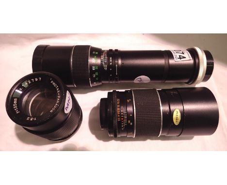 Three telephoto lenses; 135mm, 200mm and 300mm, Photax, Optomax and Aubell. P&amp;P Group 2 (£18+VAT for the first lot and £3