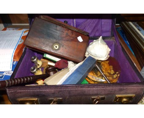 Quantity of mixed collectables in a vintage suitcase. Not available for in-house P&amp;P 