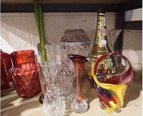 Mixed glass and metal vases and a crystal lustre lamp shade. Not available for in-house P&amp;P 