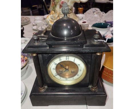 Marble inlaid chiming mantle clock with acorn finial by R &amp; Co Paris, over wound. Not available for in-house P&amp;P 