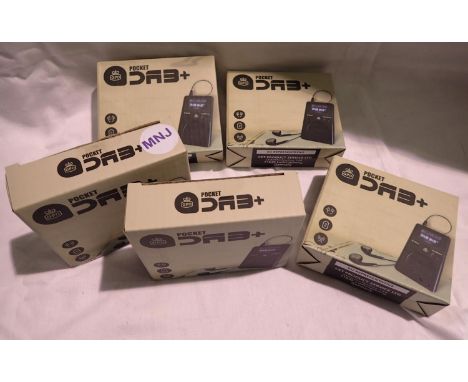 Five new old stock personal DAB radios with headphones. P&amp;P Group 1 (£14+VAT for the first lot and £1+VAT for subsequent 