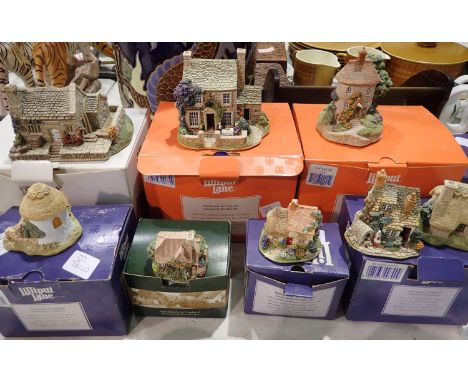 Four boxed Lilliput Lanes, Nest Egg, Button Down, Thimble Cottage and Kiln Cottage, with deeds, largest 70 x 60 mm, no cracks