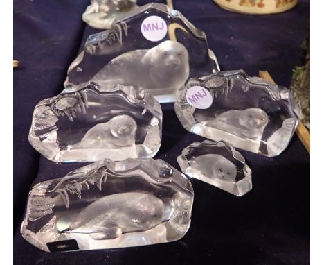 Five glass paperweights featuring seal cubs, by Mats Jonasson, Sweden, largest 17 x 11 x 3 cm. P&amp;P Group 2 (£18+VAT for t