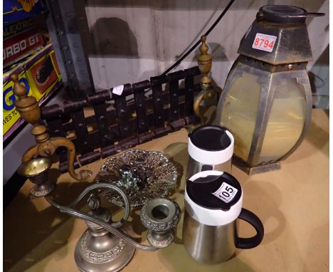 Collection of mixed metalware including a lantern. Not available for in-house P&amp;P 