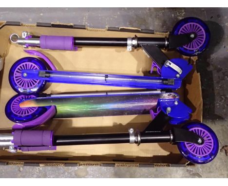 Two new collapsible blue and purple scooters with LED light wheels and under glow. Not available for in-house P&amp;P 