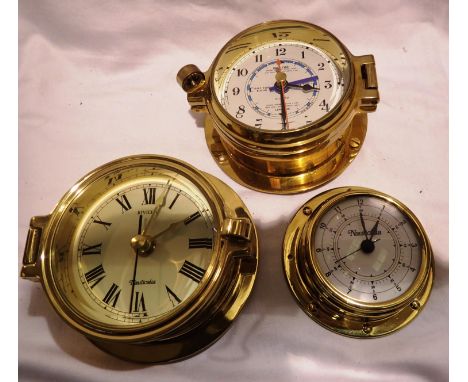 Three brass clocks, two by Nauticalia, widest D: 11 cm. P&amp;P Group 2 (£18+VAT for the first lot and £3+VAT for subsequent 