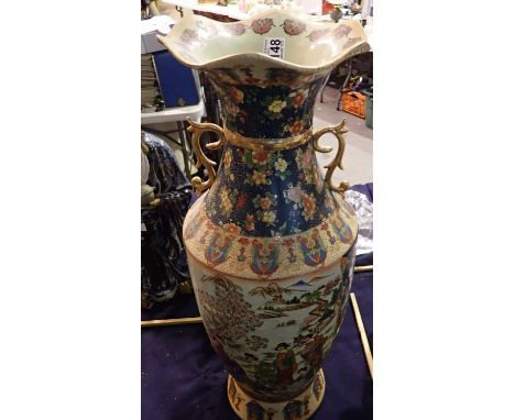 Large Oriental ceramic twin handled vase with painted decoration, H: 55 cm. Not available for in-house P&amp;P 