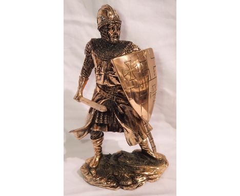 Cast copper coloured knight figurine, H: 23 cm. P&amp;P Group 2 (£18+VAT for the first lot and £3+VAT for subsequent lots) 