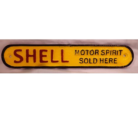 Cast iron Shell Motor Spirit sign, W: 28 cm. P&amp;P Group 1 (£14+VAT for the first lot and £1+VAT for subsequent lots) 