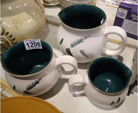 Three Denby Greenwheat jugs, 2 pint, 1 pint and half pint, no cracks, chips or crazing. P&amp;P Group 2 (£18+VAT for the firs