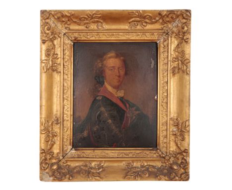 ENGLISH SCHOOL, LATE 18TH CENTURY  A half length portrait of a noblemanwearing red sash and garter star, oil painting on card