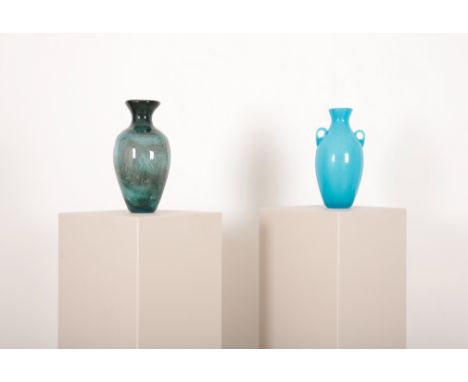 TWO MID-CENTURY MODERN LARGE ART GLASS VASES the first a turquoise amphora of semi-opaque bubbled glass, the second a baluste