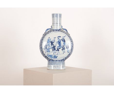 A CHINESE BLUE AND WHITE MOON FLASK 20th century, a large cartouche either side depicting market traders, entertainers and sc