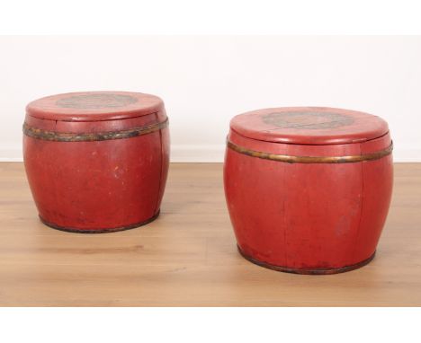 A PAIR OF CHINESE RED LACQUER BOXES20th century, the coopered bodies with lids decorated in silver, 34cm high x 40cm wide (2)