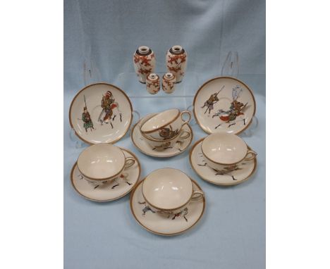 FIVE JAPANESE SATSUMA CUPS with six saucers decorated with warriors, a small pair of satsuma vases, 4.5cm high (one chipped) 
