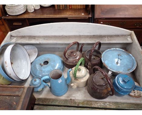 A COLLECTION OF VINTAGE ENAMEL KITCHEN WARE and similar (as found)