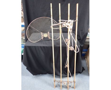 A VINTAGE 'SHEILA' TYPE LAUNDRY DRYING RACK 137 cmlong with pulleys, and a Victorian fireguard